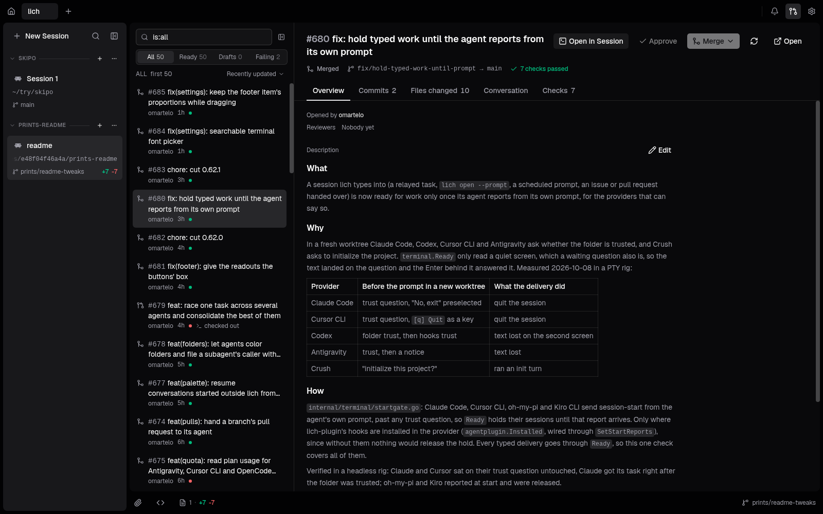 The pull requests screen with the repository's list and a merged pull request open on its overview.