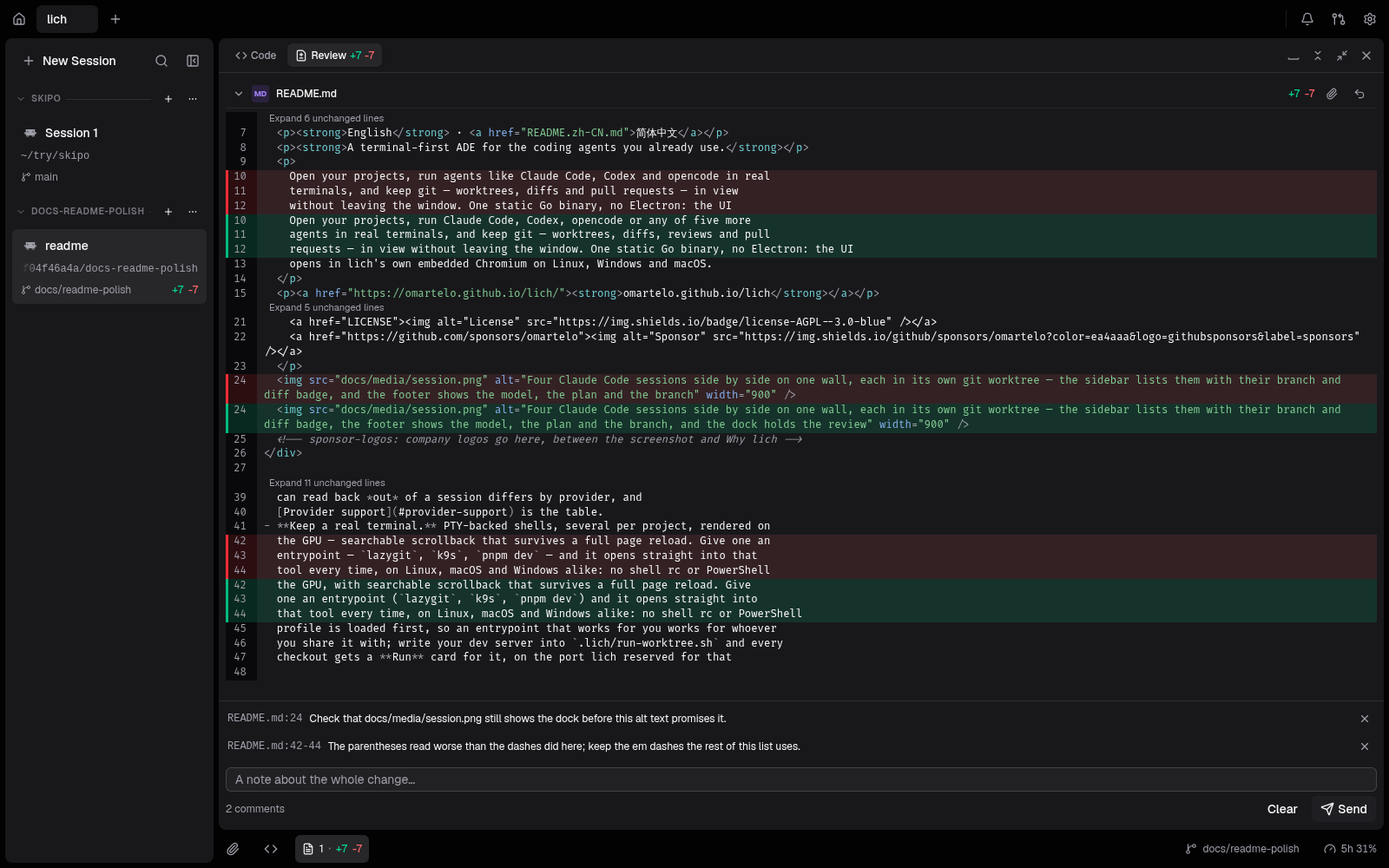 The review dock with a README diff and two comments queued for the session.
