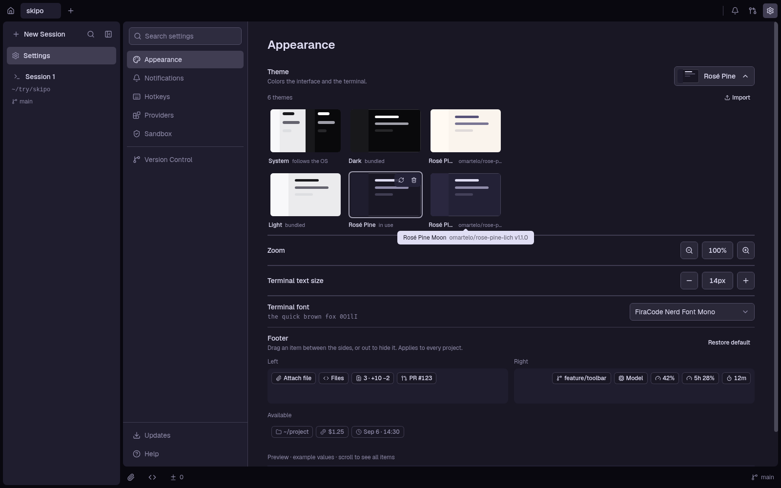 Settings, Appearance, with the Rosé Pine theme pack installed from its git repository and applied.