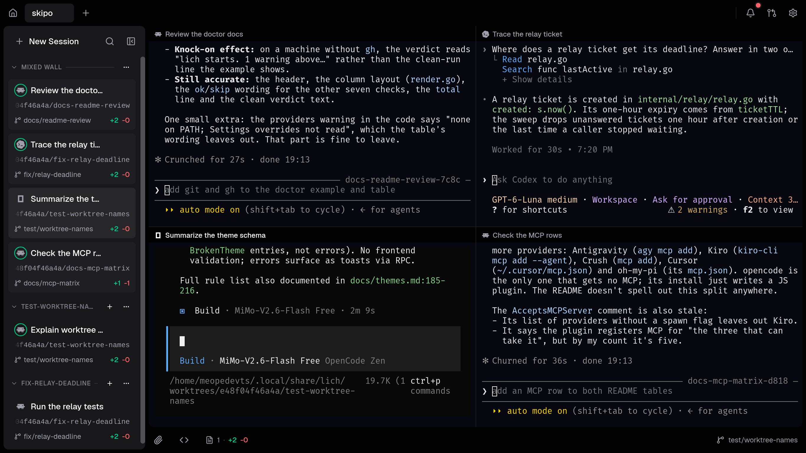 One wall with Claude Code, Codex and opencode sessions running at once.
